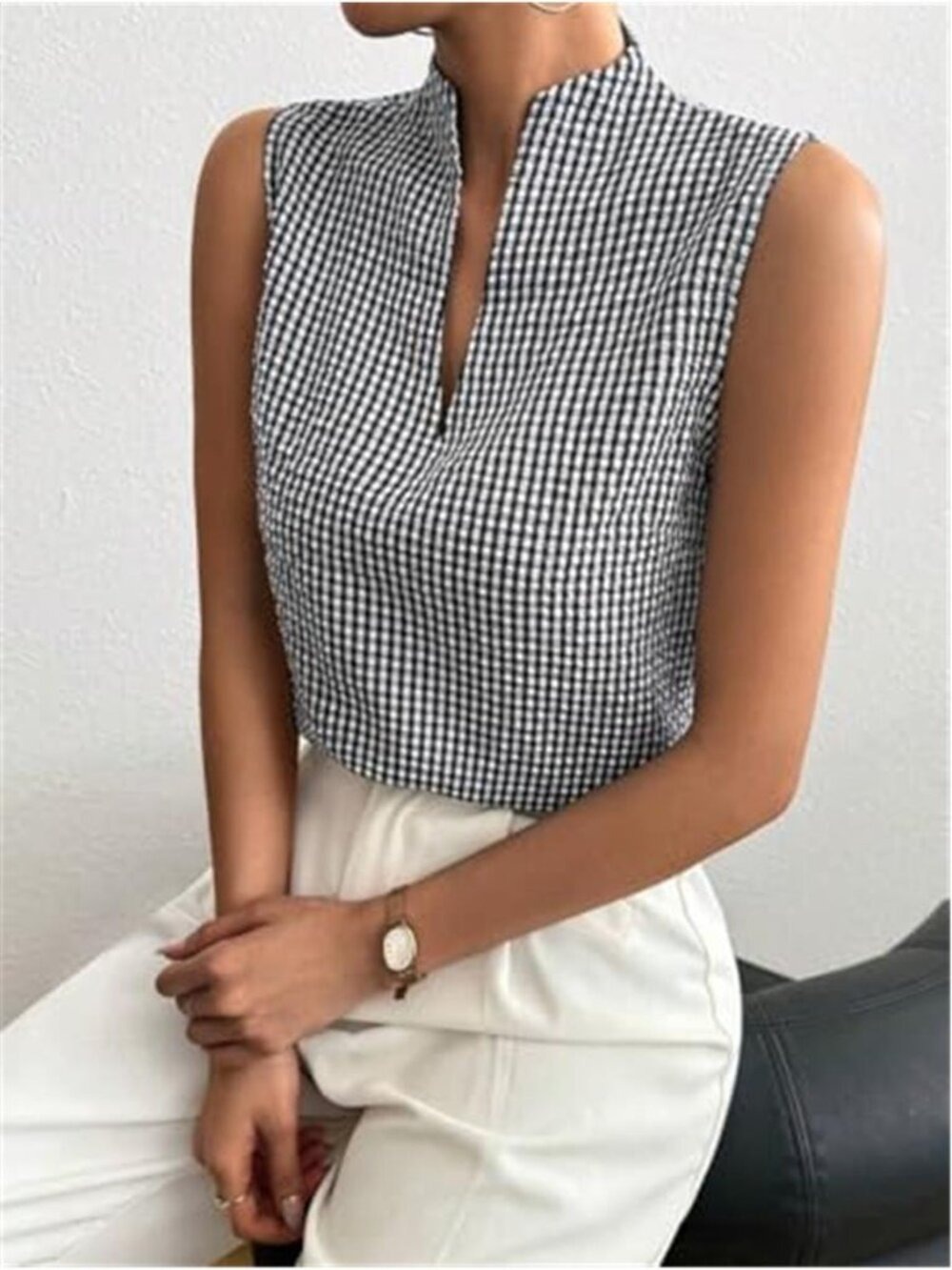 Women's Deep V Neck Black & White Sleeveless Work Tops Tank Tops Blouse - Picture 5 of 6